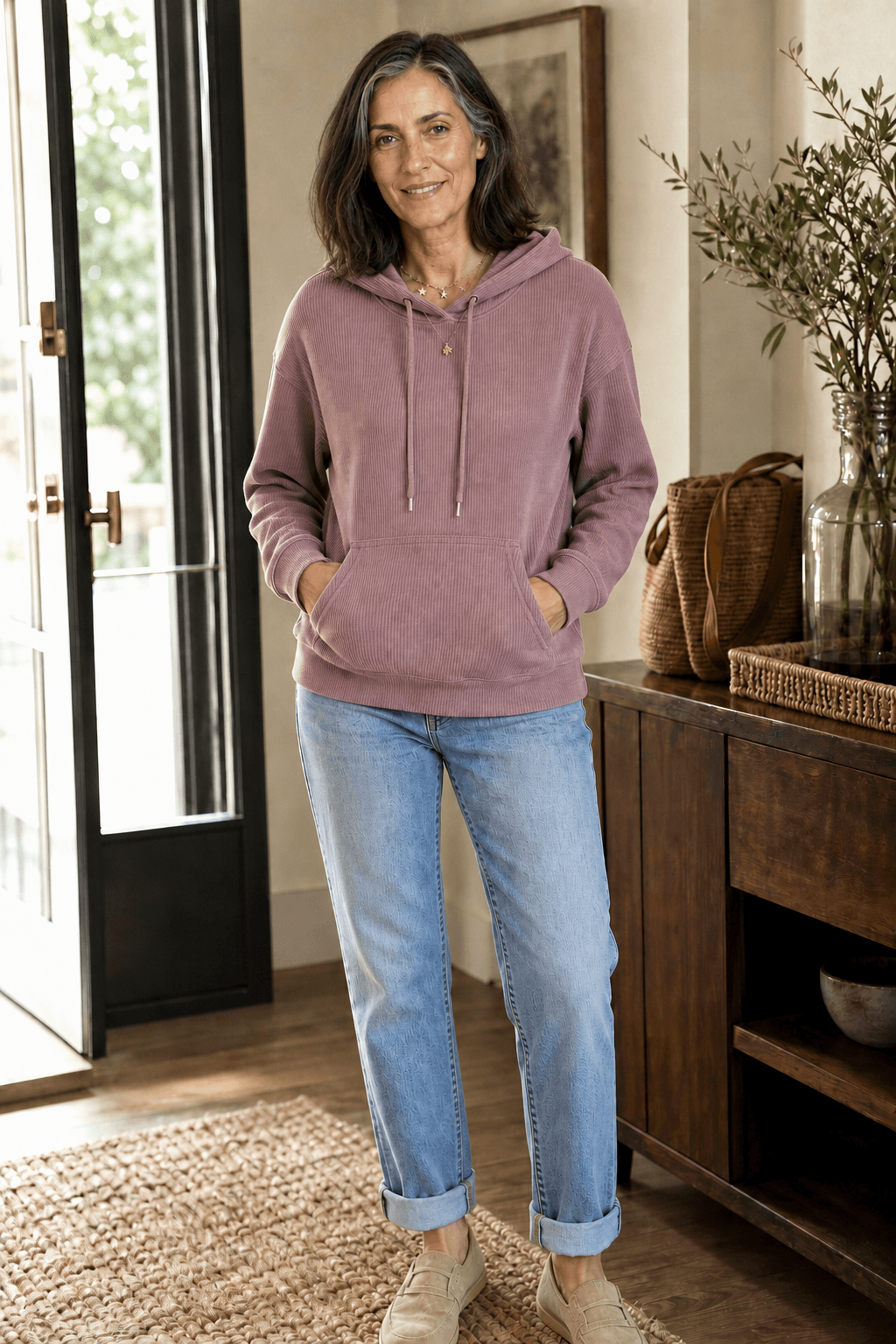 Women's Ribbed Corduroy-Look Hoodie with Front Pocket
