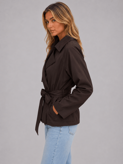 Women's Cropped Double-Breasted Trench Coat with Tie Waist