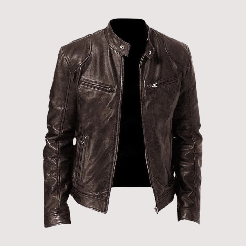 Men's Genuine Leather Biker Jacket with Zip Pockets