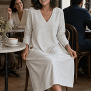 Women's A-Line V-Neck Midi Dress with Long Sleeves