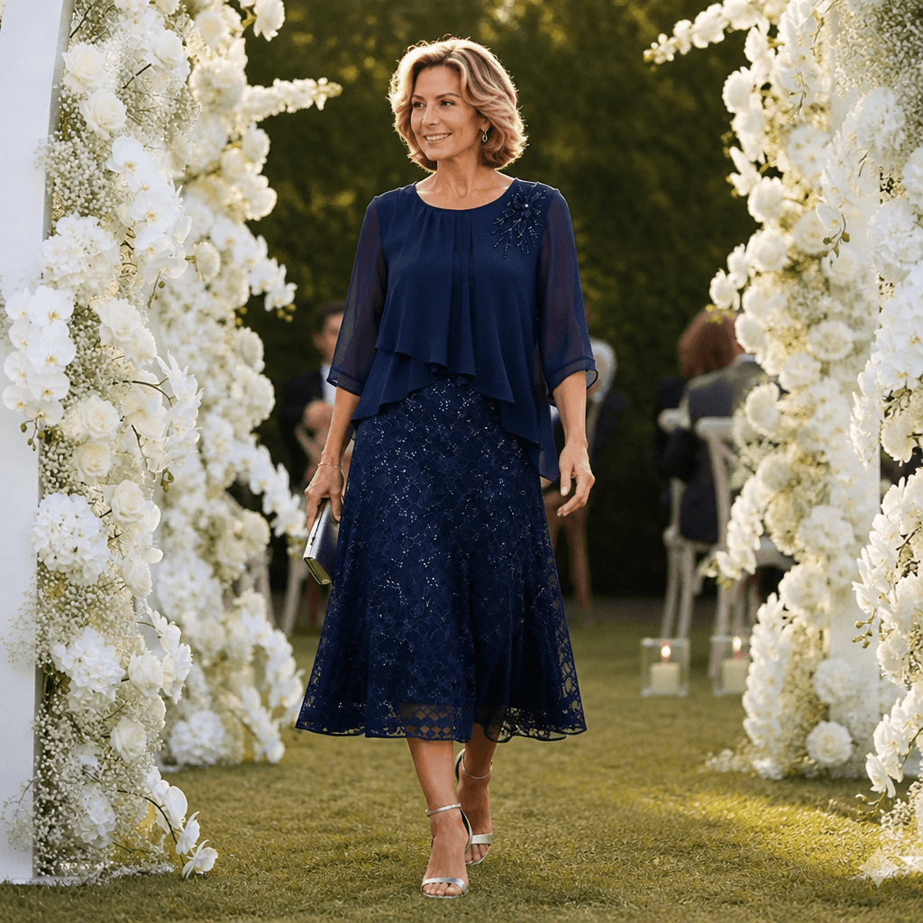 Elavine Lace Overlay Chiffon Women's Midi Dress with Sheer Sleeves