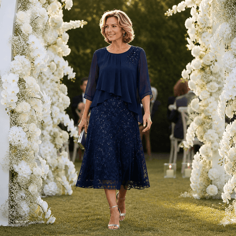 Elavine Lace Overlay Chiffon Women's Midi Dress with Sheer Sleeves