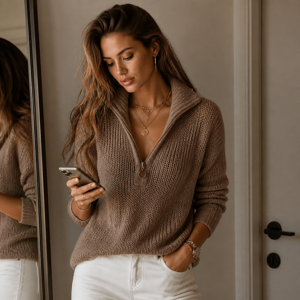 Women's Half-Zip Collar Knitted Jumper with Textured Stitch