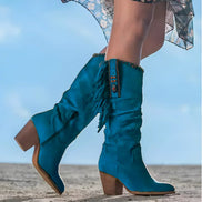 Fringe Detail Suede Brown Boots with Block Heel for Women