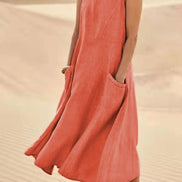 Sleeveless Linen-Look Midi Dress with Pockets