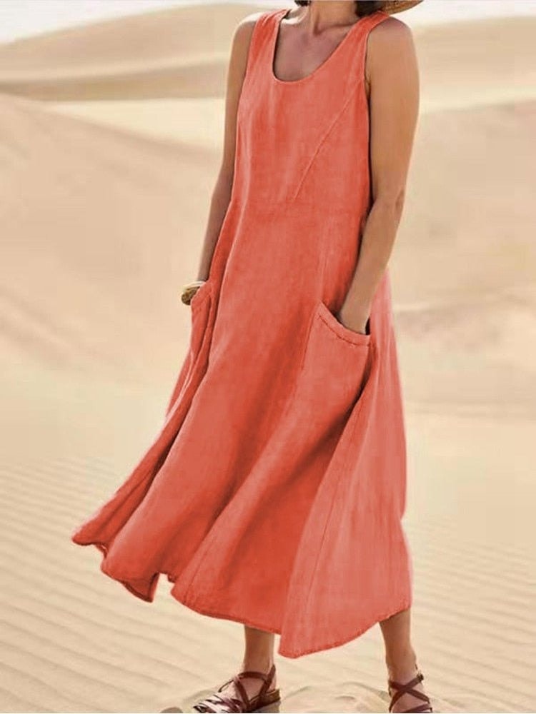 Sleeveless Linen-Look Midi Dress with Pockets
