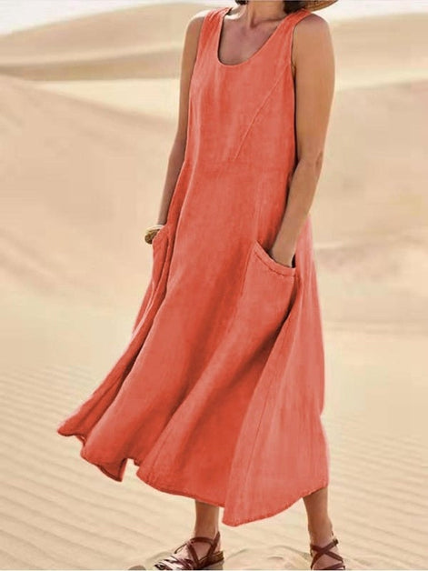 Sleeveless Linen-Look Midi Dress with Pockets