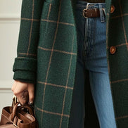 Plaid Notched Lapel Mid-Length Wool Blend Winter Coats for Women