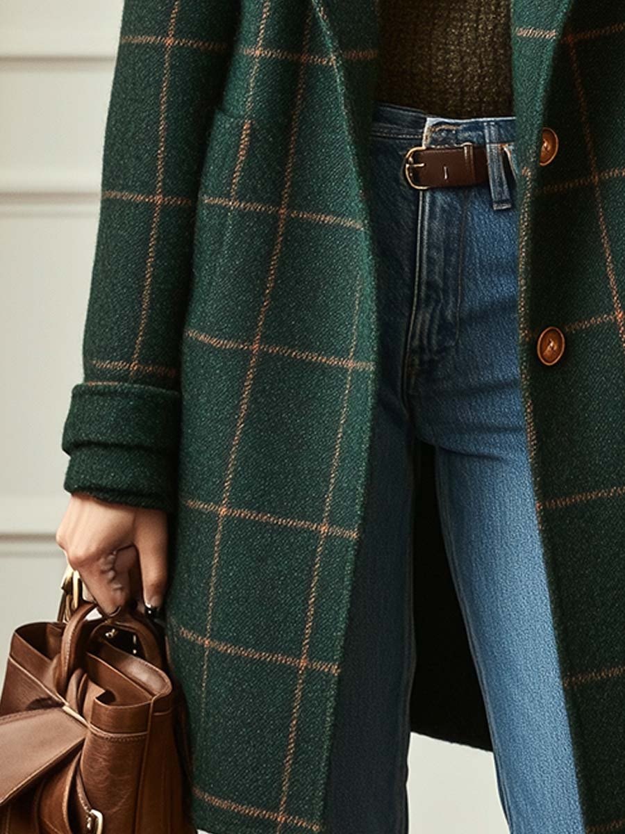 Plaid Notched Lapel Mid-Length Wool Blend Winter Coats for Women