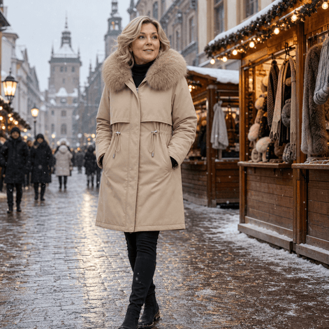 Velora Hooded Mid-Length Faux-Fur Trim Winter Coat for Women