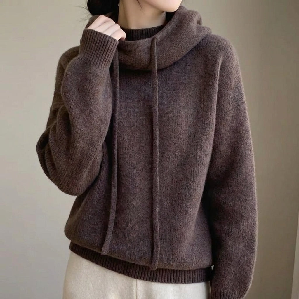 Hooded Merino Wool Knitted Jumper with Drawstring for Women