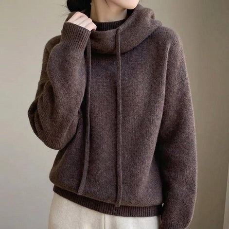 Hooded Merino Wool Knitted Jumper with Drawstring for Women