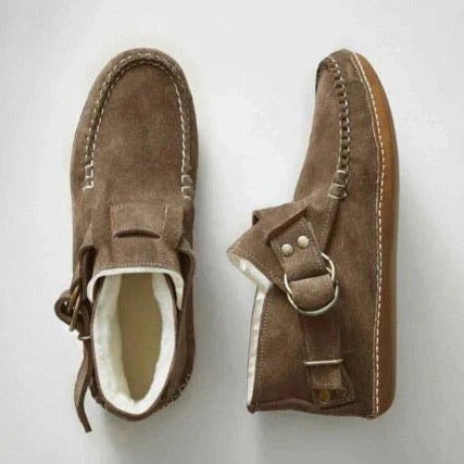 Women's Shearling-Lined Suede Winter Ankle Boots with Buckle Strap