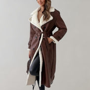 Long Belted Teddy Collar Faux Leather Winter Coats for Women