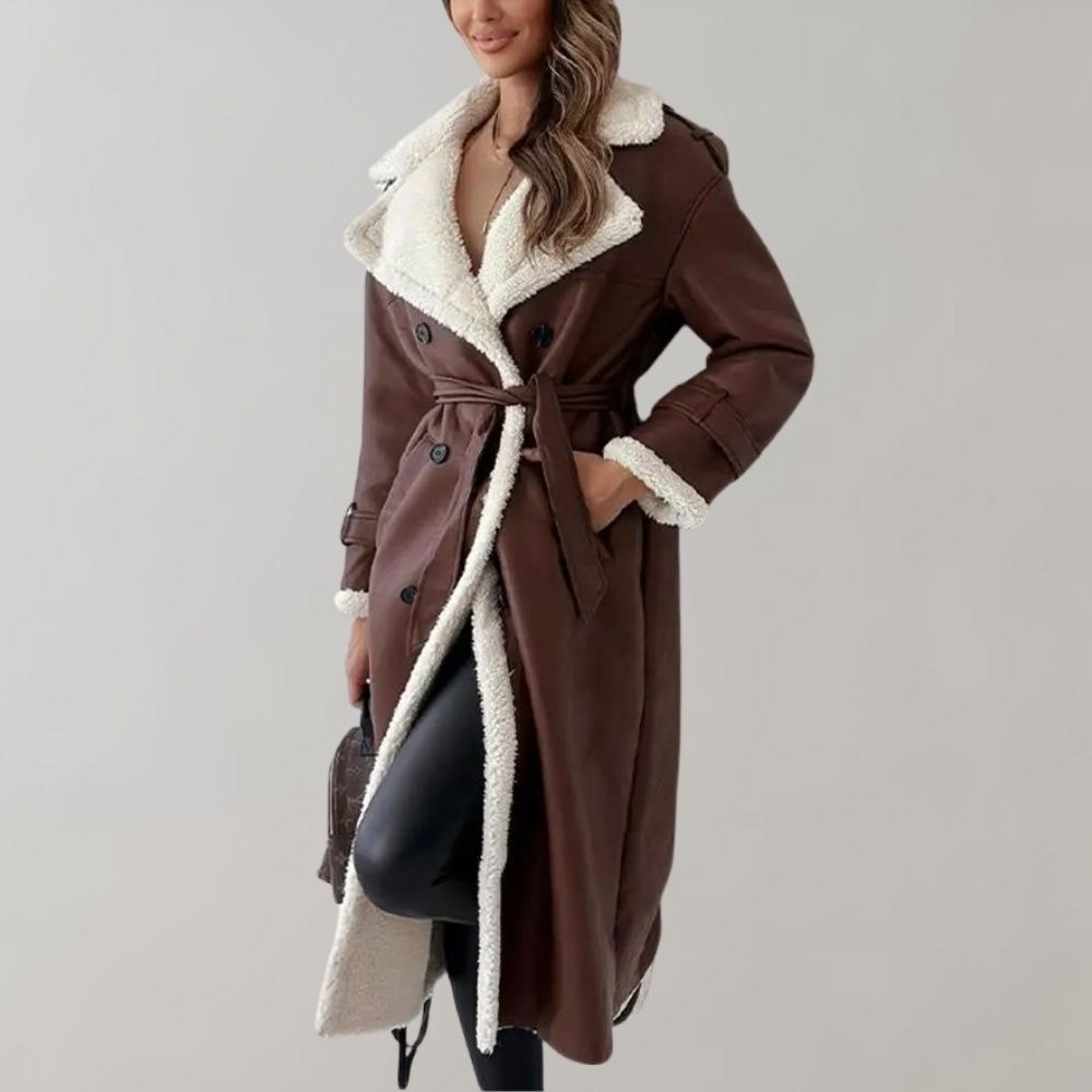 Long Belted Teddy Collar Faux Leather Winter Coats for Women