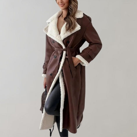 Long Belted Teddy Collar Faux Leather Winter Coats for Women