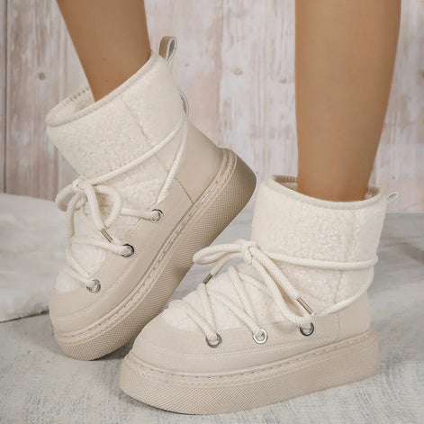 Womens Faux Shearling Ankle Lace Up Winter Boots Platform Sole