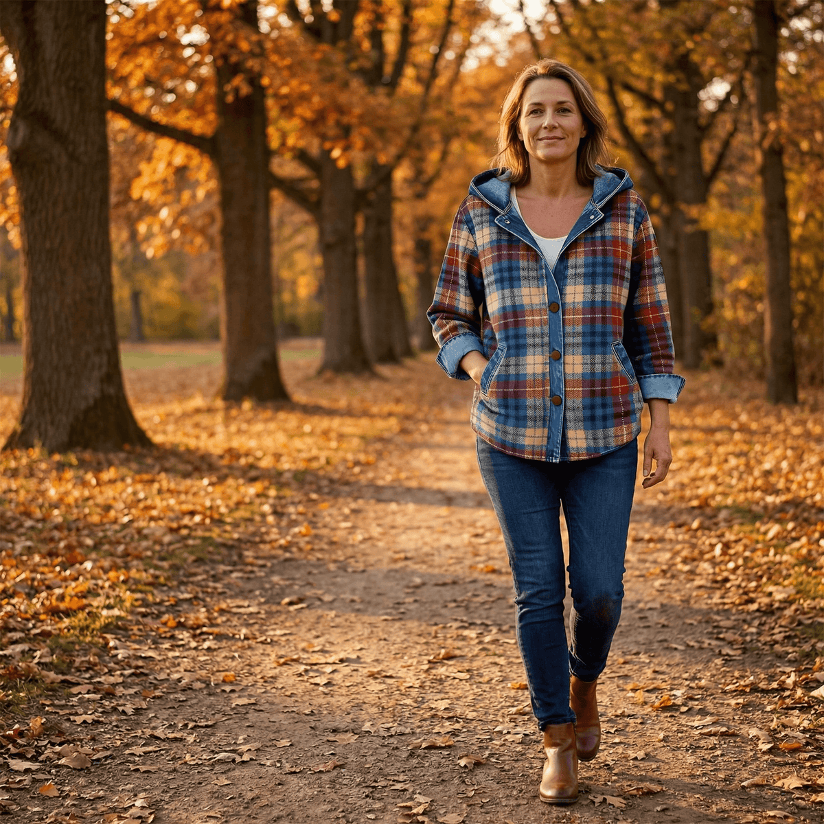 Weslyn Plaid Hooded Shacket with Denim Trim for Women