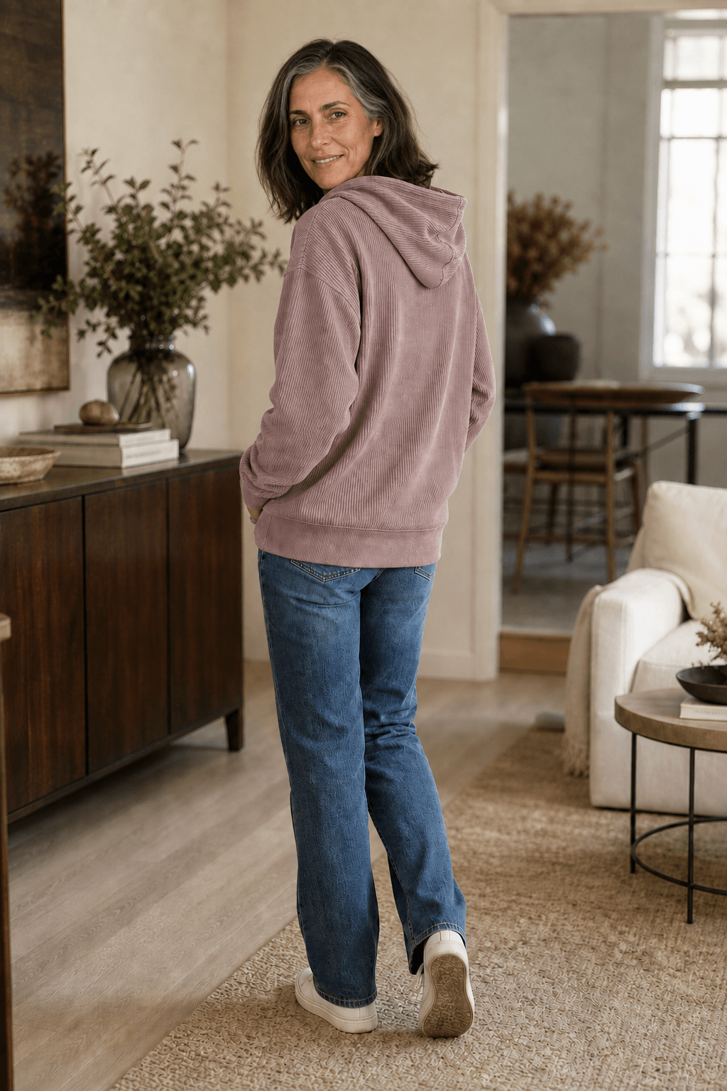 Women's Ribbed Corduroy-Look Hoodie with Front Pocket