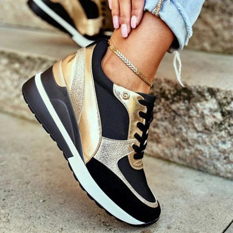 Women's Wedge Platform Cushioned Sneakers with Lace-Up Knit Upper