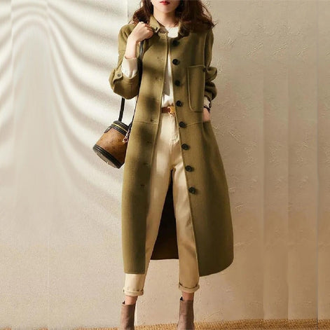 Maria Button-Front A-Line Long Winter Coat for Women