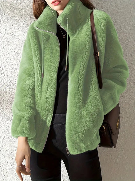 Phoebe Faux Fur Zip-Up Winter Coat with Stand Collar for Women