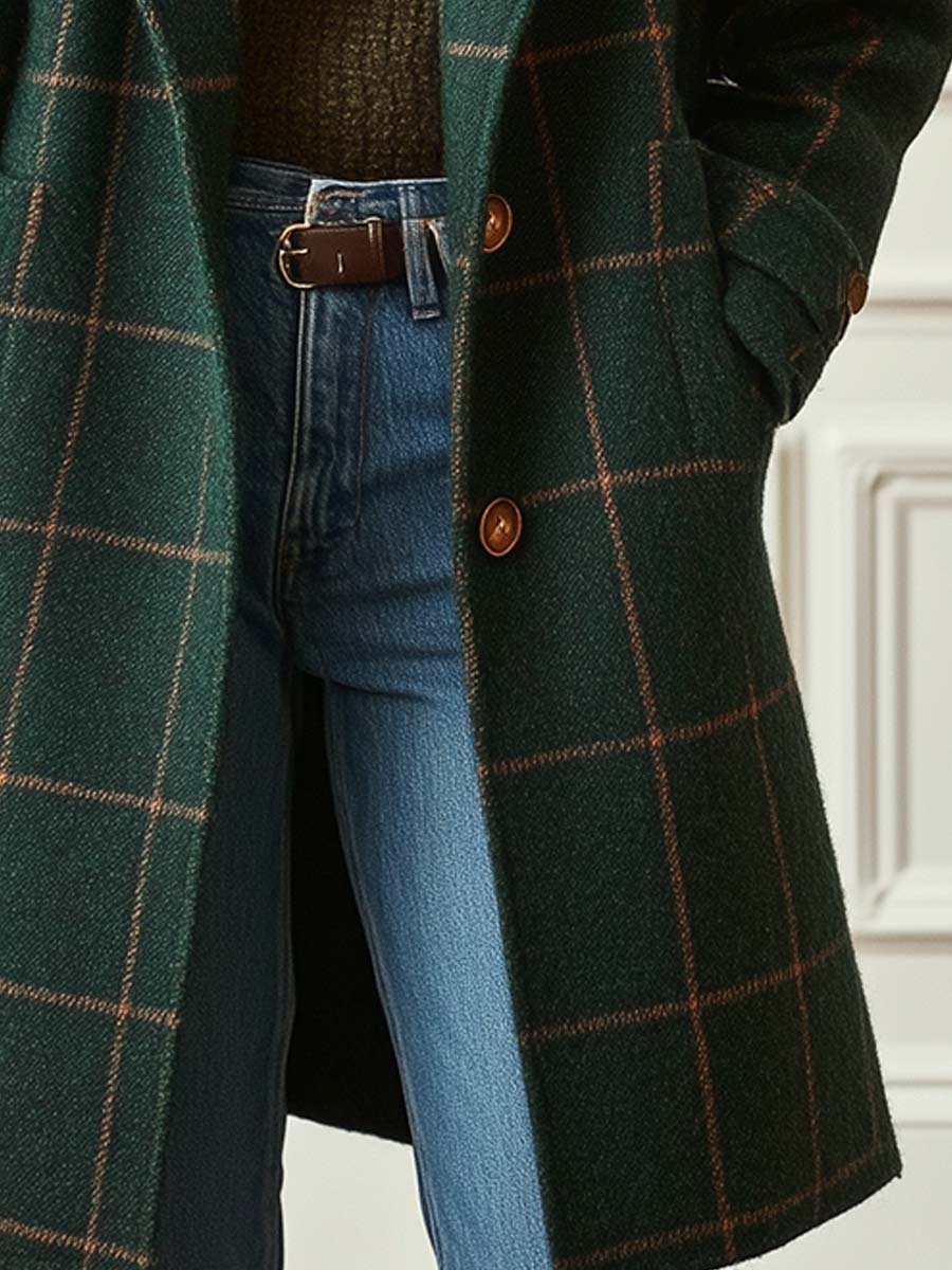 Plaid Notched Lapel Mid-Length Wool Blend Winter Coats for Women