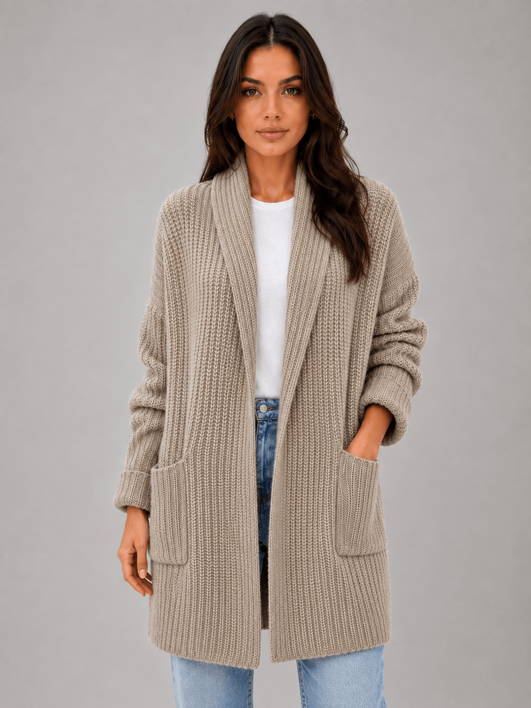 Women's Open-Front Knitted Longline Cardigan with Pockets