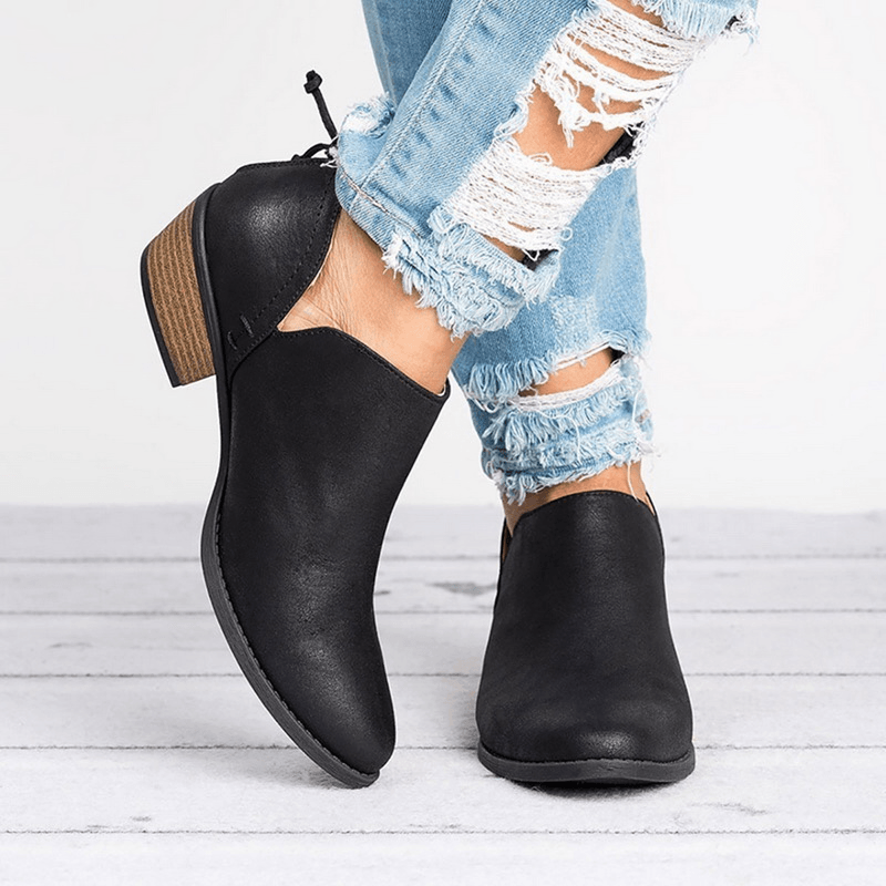 Ankle Low Heel Womens Boots with Rounded Toe in Synthetic Leather