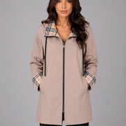 Women's Hooded Longline Jacket with Check Trim for Rainy Weather