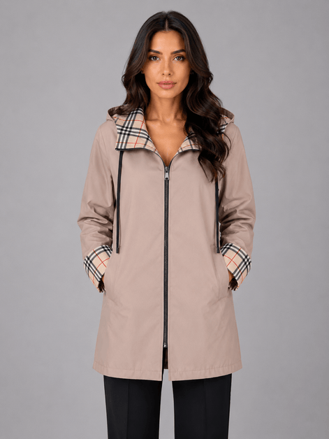 Women's Hooded Longline Jacket with Check Trim for Rainy Weather