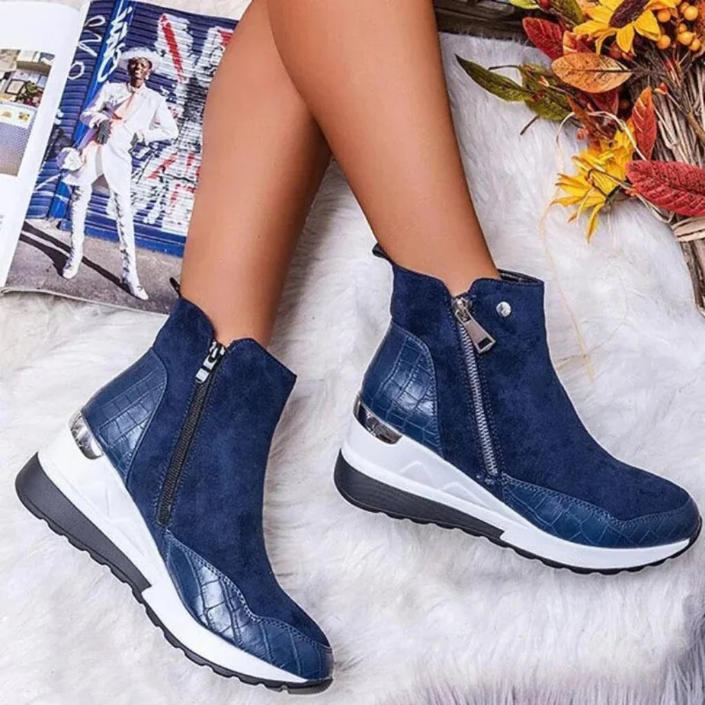 Women's Water-Resistant Wedge Ankle Boots with Croc-Embossed Panels