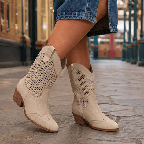 Women's Perforated Western Cowboy Boots with Block Heel