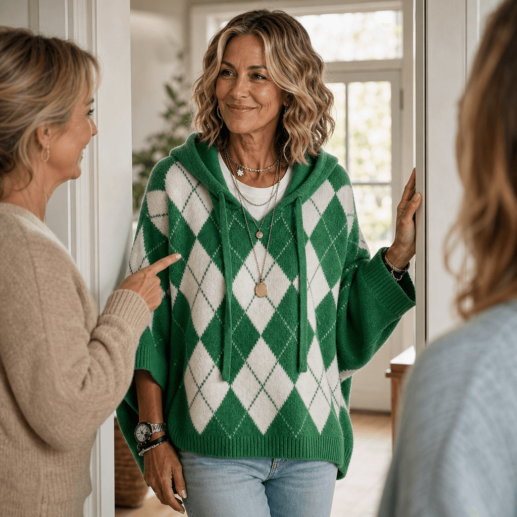 Women's Hooded Argyle Batwing Poncho Knit Jumper