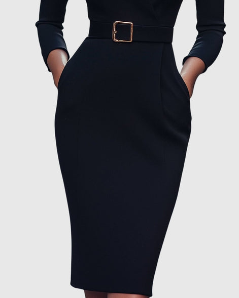 Long Sleeve Belted Bodycon Christmas Dress with Stand Collar