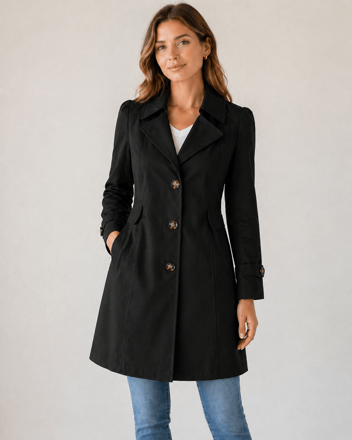 Women's Short Tailored Trench Coat with Button-Up Front and Belted Waist