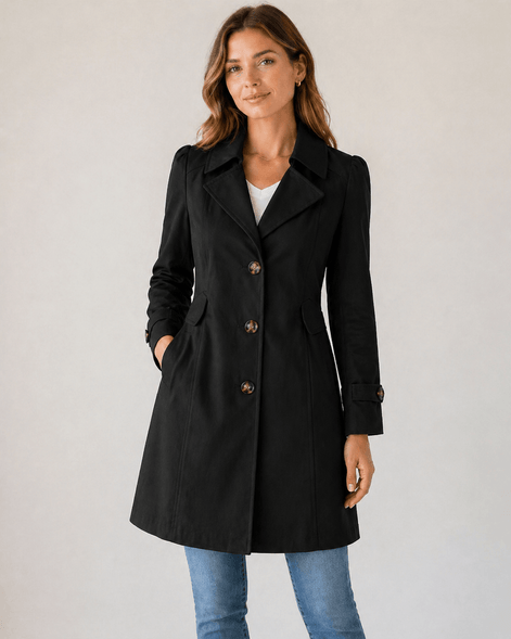 Women's Short Tailored Trench Coat with Button-Up Front and Belted Waist