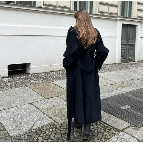Double-Breasted Belted Wool Blend Trench Coat for Women
