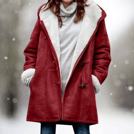 Fiona Women's Hooded Winter Coat with Faux Shearling Collar and Faux Fur Trim