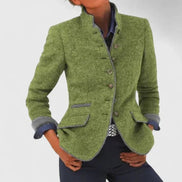 Women's Tailored Wool Blazer with Stand Collar and Contrast Trim