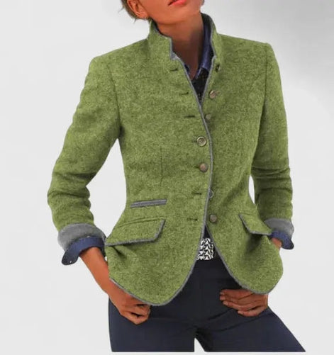 Women's Tailored Wool Blazer with Stand Collar and Contrast Trim