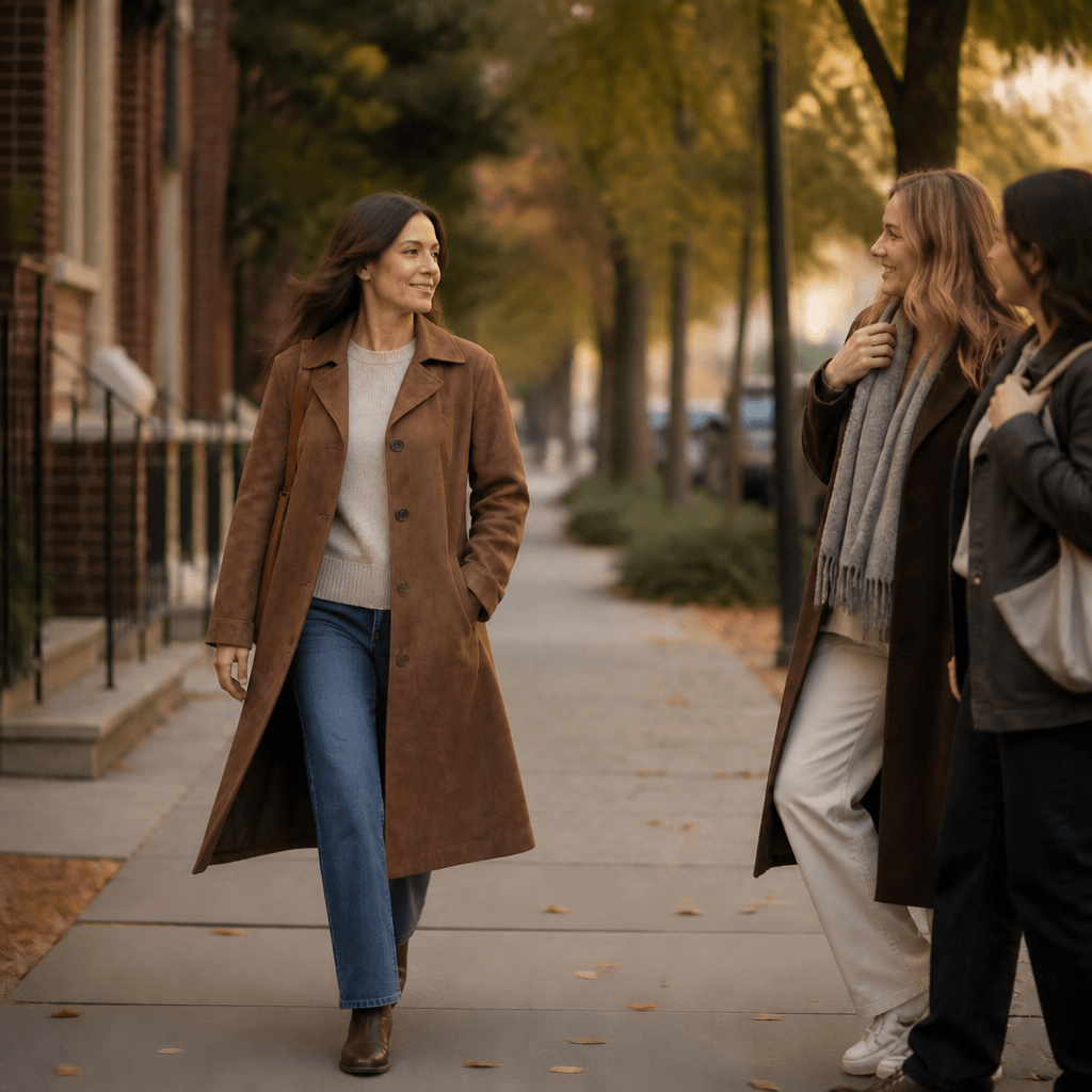 Women's Unstructured Suede-Look Long Coat with Button Front