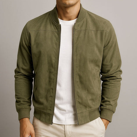 Men's Faux Suede Bomber Jacket with Ribbed Trim