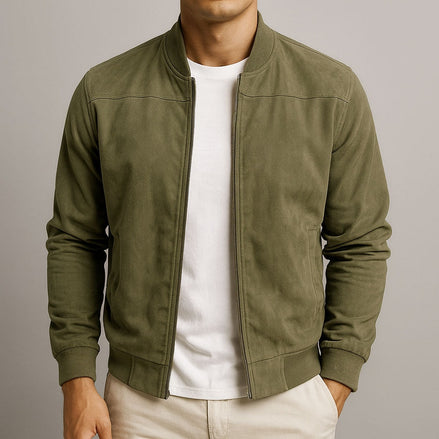 Men's Faux Suede Bomber Jacket with Ribbed Trim