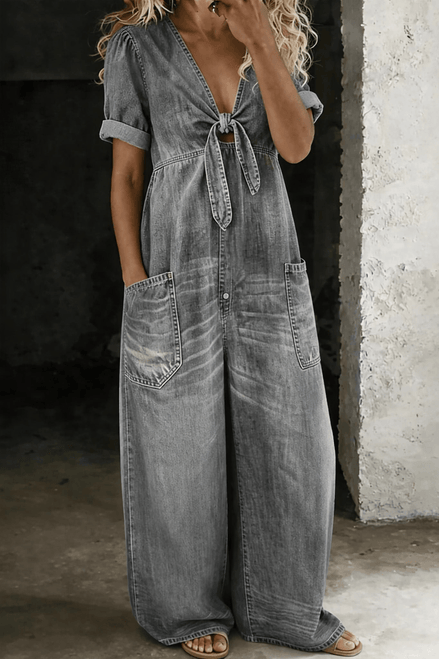 Maya Tie-Front Wide-Leg Denim Jumpsuit with Pockets