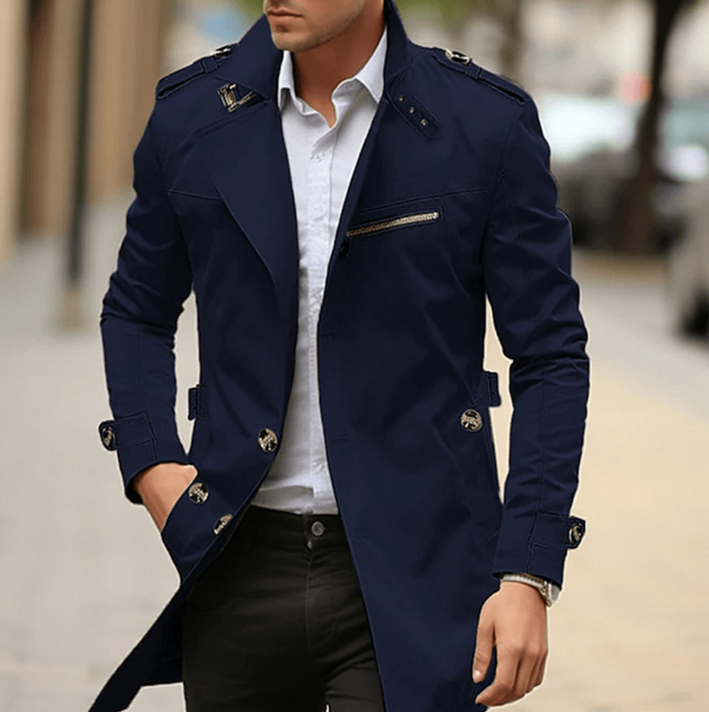 Men's Double-Breasted Long Trench Coat With Epaulette Detail Mens Coats