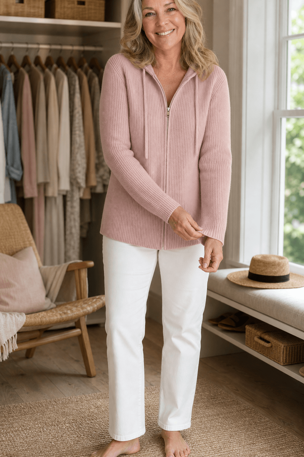Women's Ribbed Zip-Up Hooded Knit Cardigan with Drawstring Hood