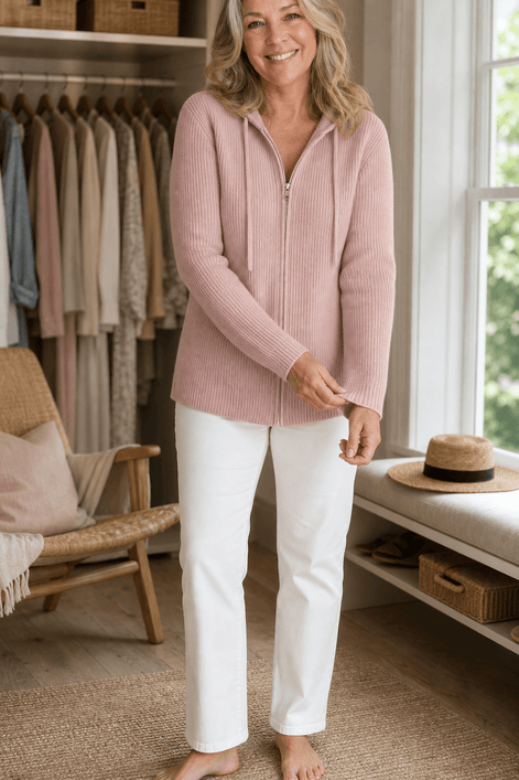 Women's Ribbed Zip-Up Hooded Knit Cardigan with Drawstring Hood