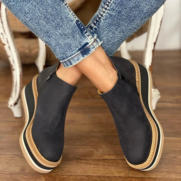 Courtney Faux Leather Wedge Boots for Women with Side Zip and Round Toe