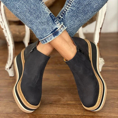 Courtney Faux Leather Wedge Boots for Women with Side Zip and Round Toe